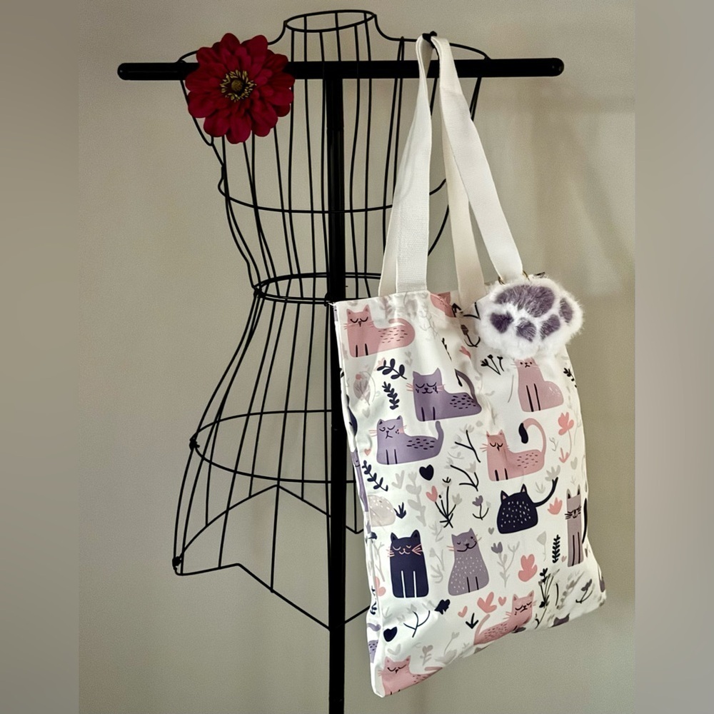 New Pink & Purple Cats Shopping Bag Purse Tote w/ Fuzzy Paw Charm - 16” - Picture 2 of 9